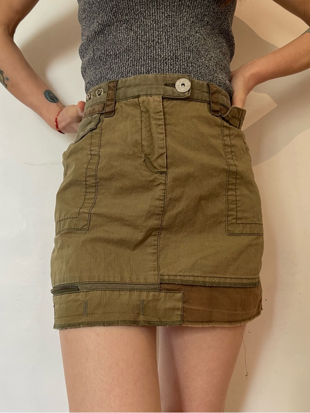 Da-Nang Olive Green Skirt with Brown Logo Patch